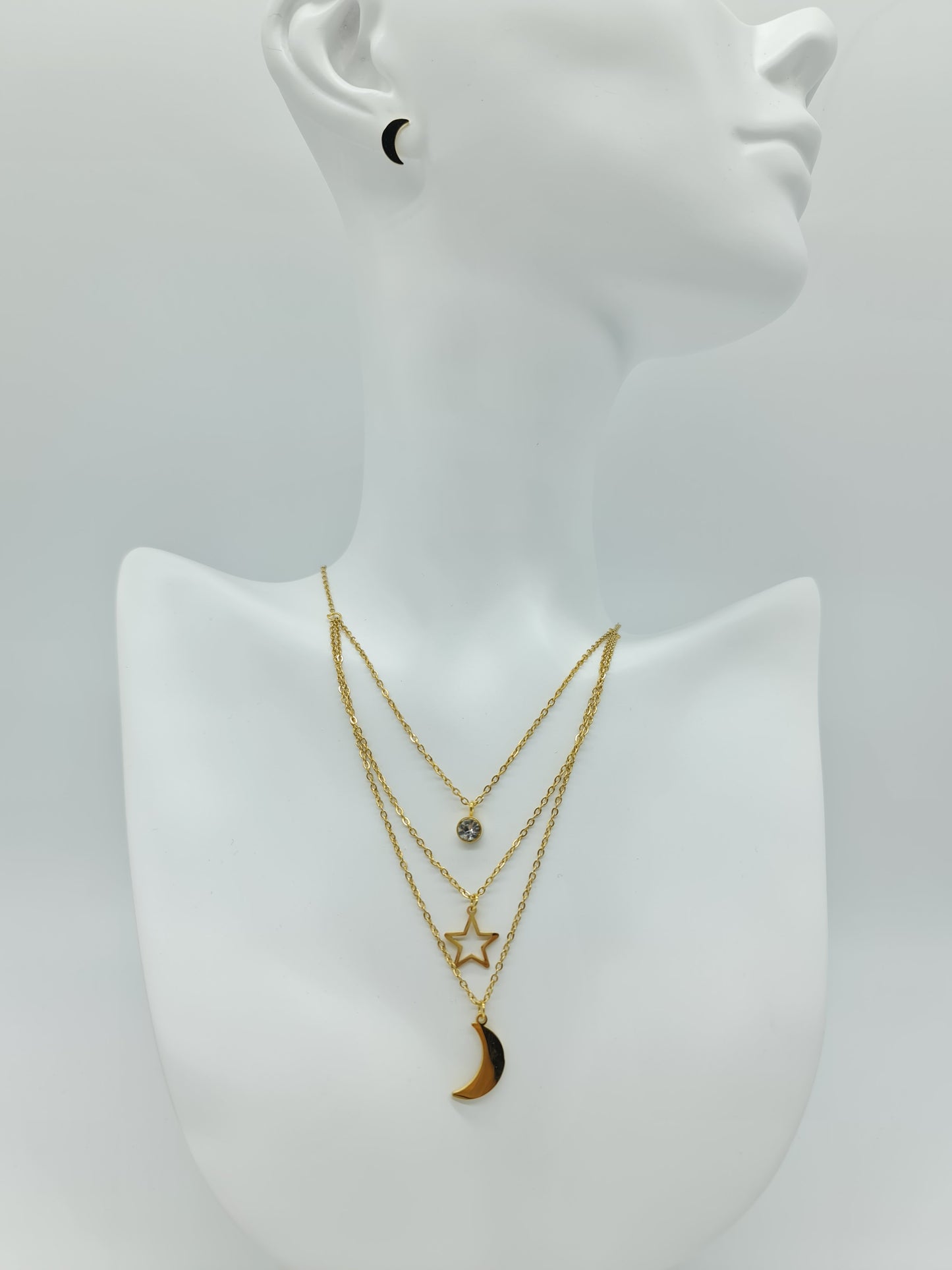 Juego de collar y aretes triple Luna y cristal