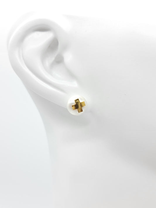 Aretes perla Cruz dorada